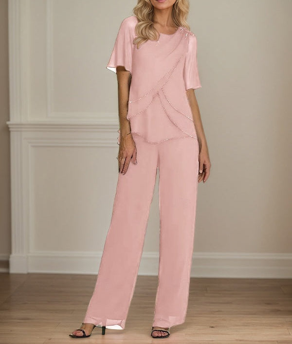 2 Piece Jumpsuit / Pantsuit Crew Neck Floor Length Chiffon Mother of the Bride Dress