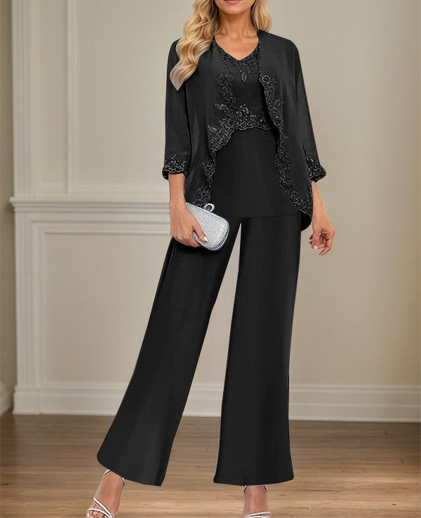 Elegant Simple Scoop Neck Floor Length Mother of the Bride Pantsuit Wedding Guest Dress