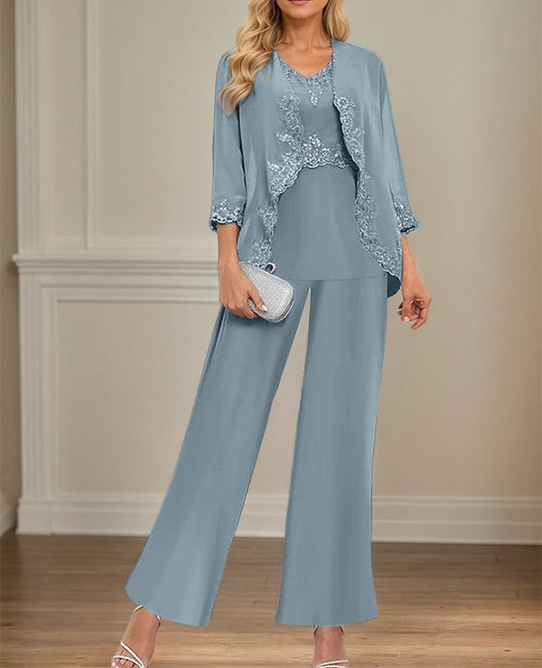 Elegant Simple Scoop Neck Floor Length Mother of the Bride Pantsuit Wedding Guest Dress