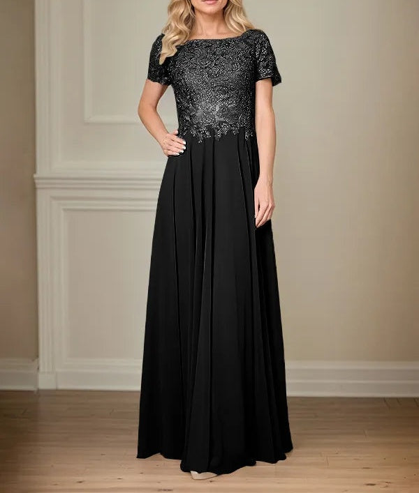 A Line Chiffon Boat Neck Short Sleeves Floor Length Pleated Mother of the Bride Dresses