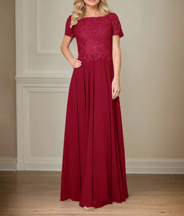 A Line Chiffon Boat Neck Short Sleeves Floor Length Pleated Mother of the Bride Dresses