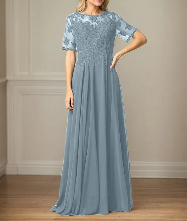 A Line Chiffon Scoop Neck Short Sleeves Floor Length Mother of the Bride Dresses