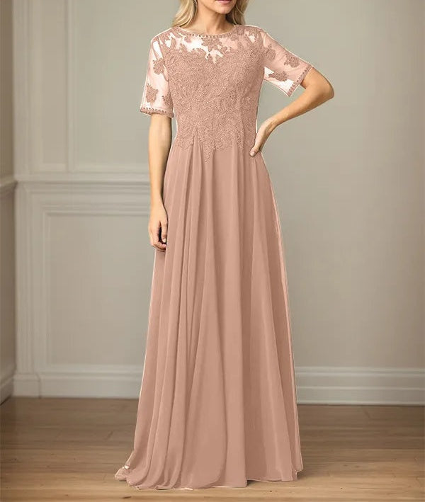 A Line Chiffon Scoop Neck Short Sleeves Floor Length Mother of the Bride Dresses