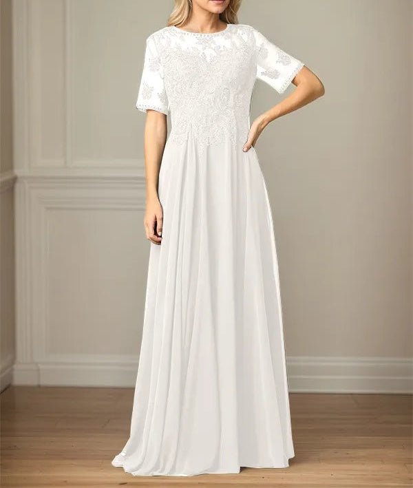 A Line Chiffon Scoop Neck Short Sleeves Floor Length Mother of the Bride Dresses