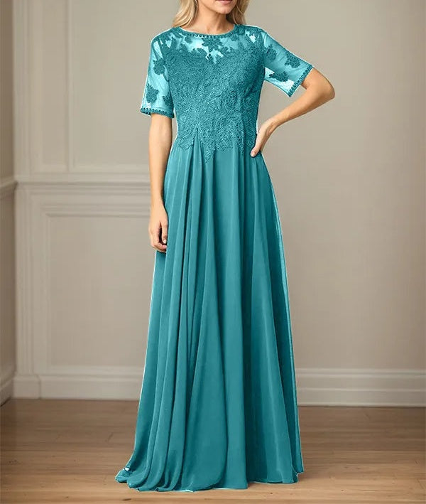 A Line Chiffon Scoop Neck Short Sleeves Floor Length Mother of the Bride Dresses