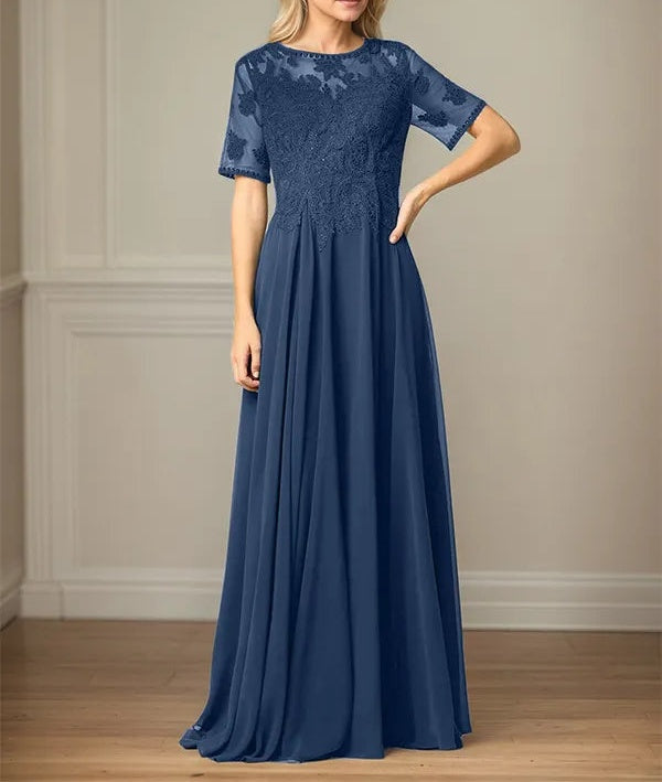 A Line Chiffon Scoop Neck Short Sleeves Floor Length Mother of the Bride Dresses
