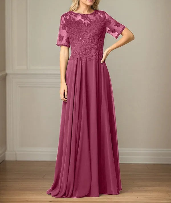 A Line Chiffon Scoop Neck Short Sleeves Floor Length Mother of the Bride Dresses
