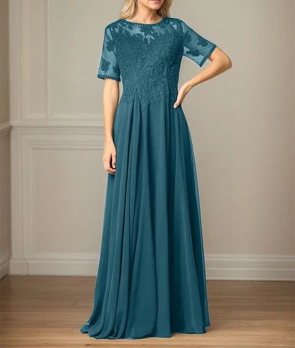 A Line Chiffon Scoop Neck Short Sleeves Floor Length Mother of the Bride Dresses