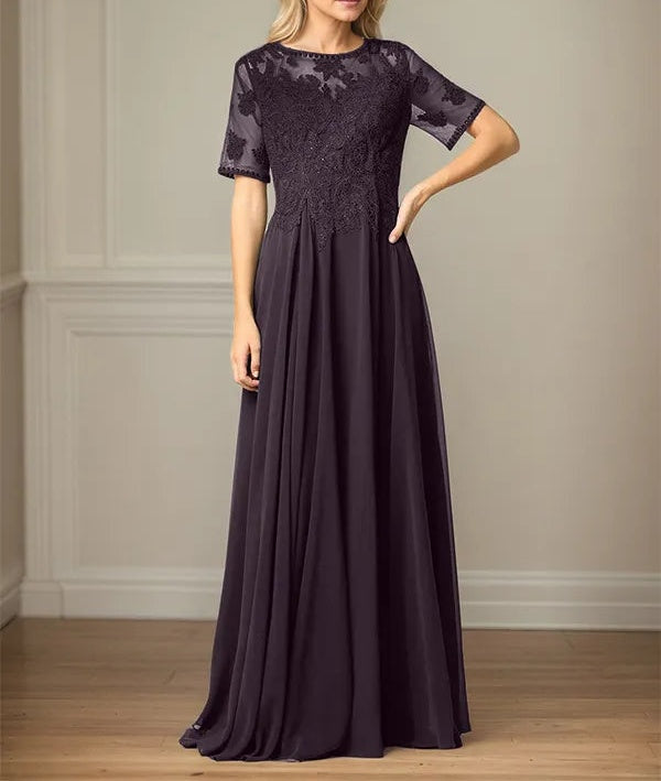 A Line Chiffon Scoop Neck Short Sleeves Floor Length Mother of the Bride Dresses
