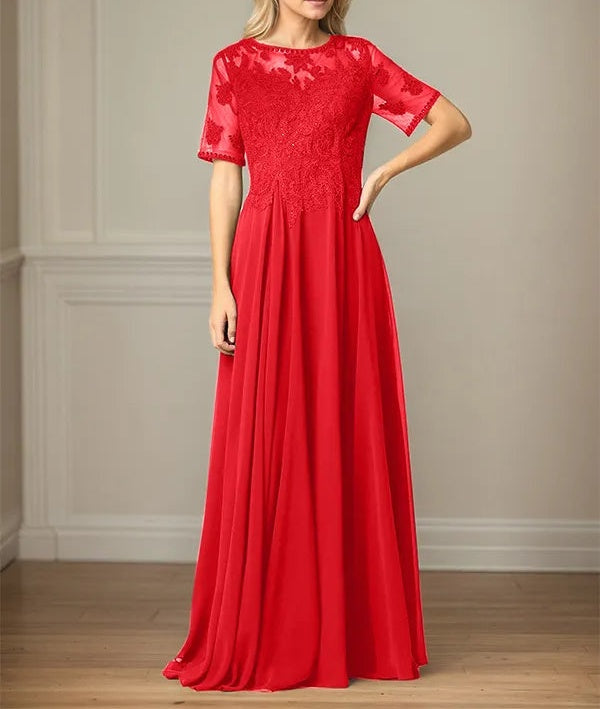 A Line Chiffon Scoop Neck Short Sleeves Floor Length Mother of the Bride Dresses