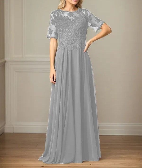A Line Chiffon Scoop Neck Short Sleeves Floor Length Mother of the Bride Dresses