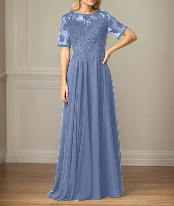 A Line Chiffon Scoop Neck Short Sleeves Floor Length Mother of the Bride Dresses