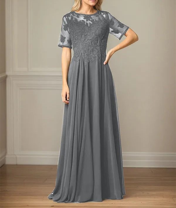 A Line Chiffon Scoop Neck Short Sleeves Floor Length Mother of the Bride Dresses