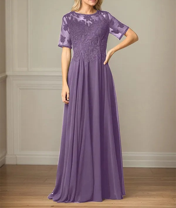 A Line Chiffon Scoop Neck Short Sleeves Floor Length Mother of the Bride Dresses