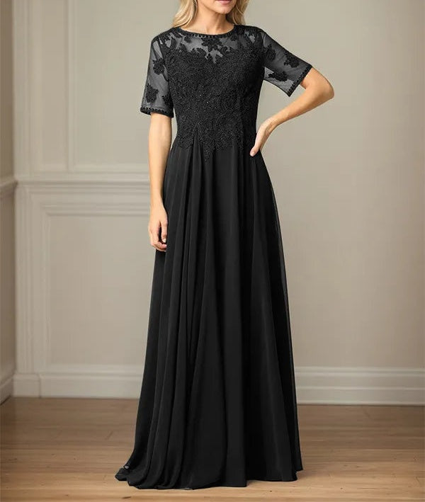 A Line Chiffon Scoop Neck Short Sleeves Floor Length Mother of the Bride Dresses