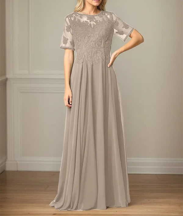 A Line Chiffon Scoop Neck Short Sleeves Floor Length Mother of the Bride Dresses