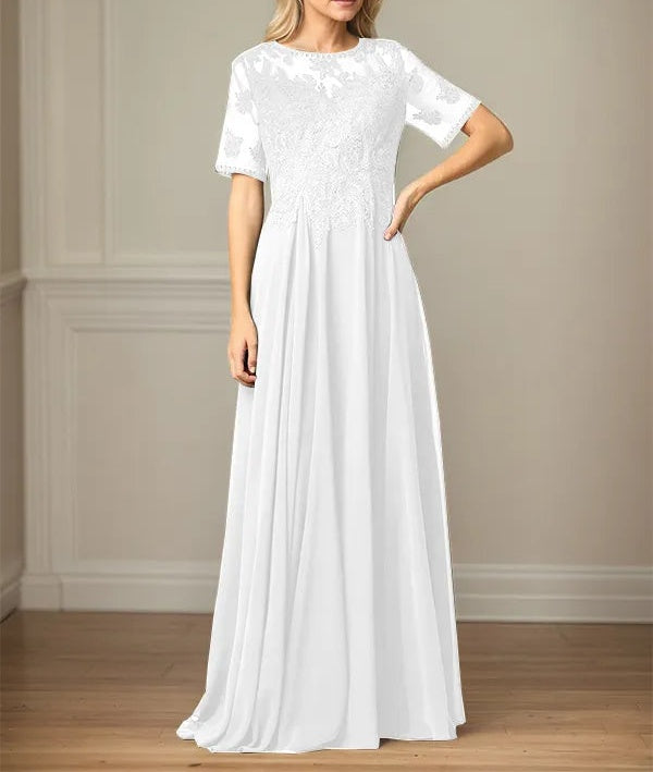 A Line Chiffon Scoop Neck Short Sleeves Floor Length Mother of the Bride Dresses