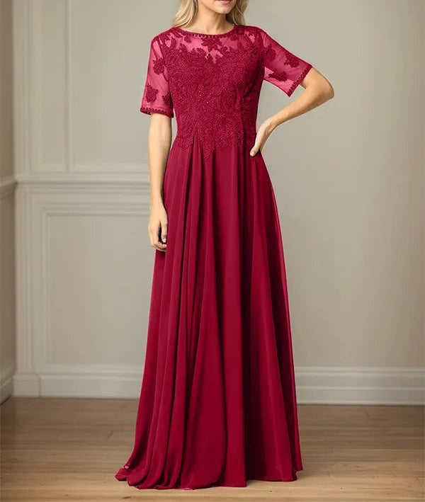 A Line Chiffon Scoop Neck Short Sleeves Floor Length Mother of the Bride Dresses