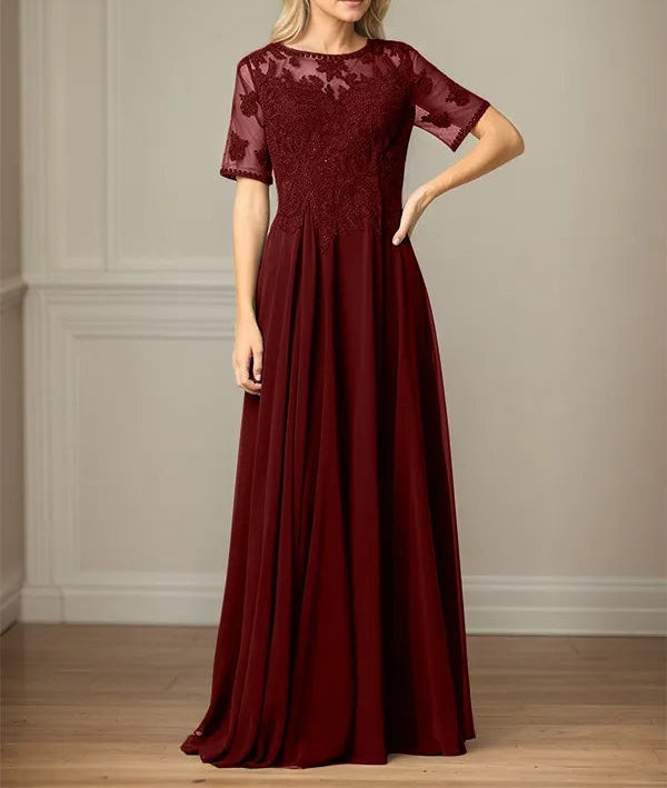A Line Chiffon Scoop Neck Short Sleeves Floor Length Mother of the Bride Dresses