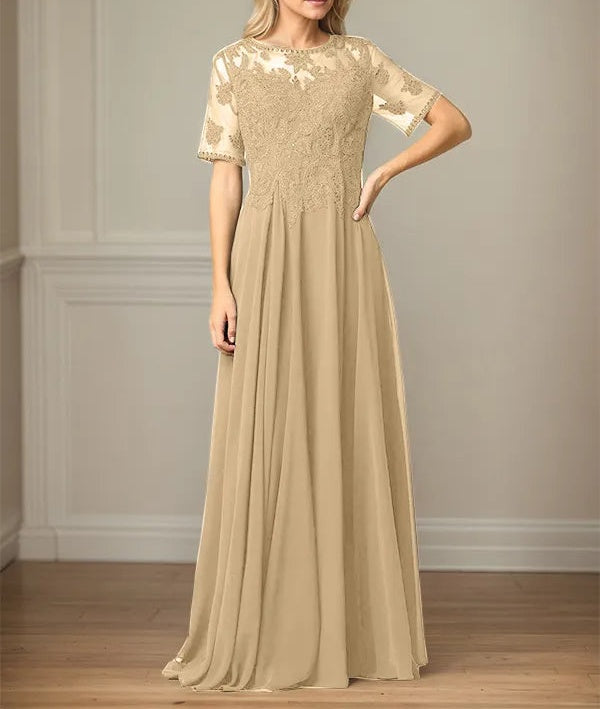 A Line Chiffon Scoop Neck Short Sleeves Floor Length Mother of the Bride Dresses