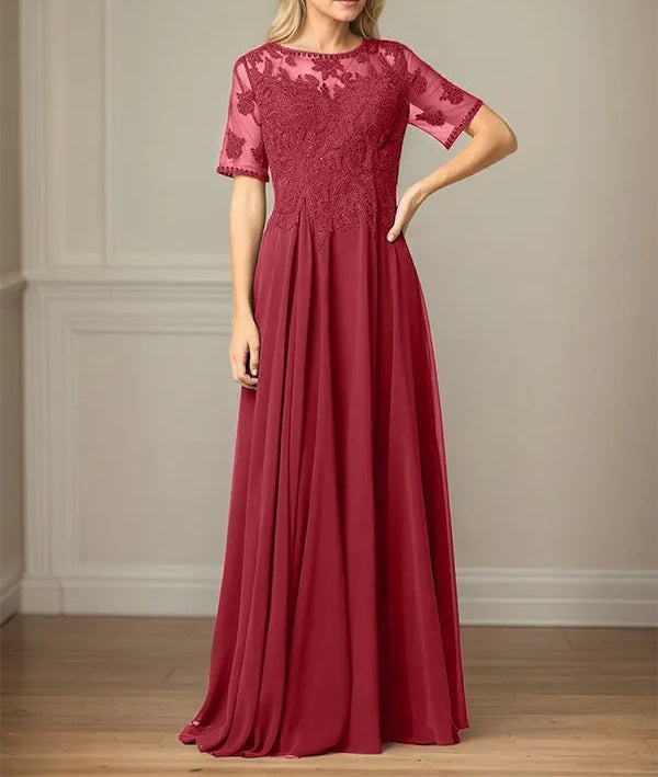 A Line Chiffon Scoop Neck Short Sleeves Floor Length Mother of the Bride Dresses
