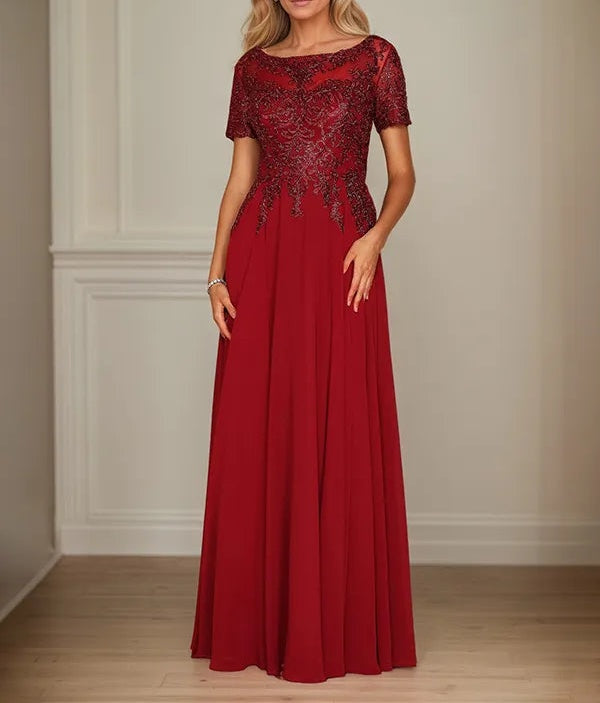 A Line Chiffon Boat Neck Short Sleeves Floor Length Mother of the Bride Dresses