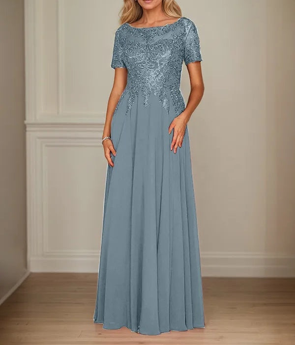 A Line Chiffon Boat Neck Short Sleeves Floor Length Mother of the Bride Dresses