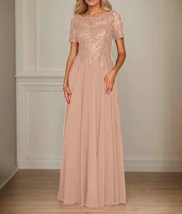 A Line Chiffon Boat Neck Short Sleeves Floor Length Mother of the Bride Dresses