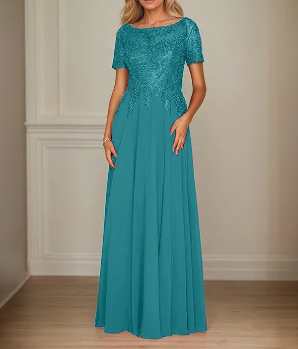 A Line Chiffon Boat Neck Short Sleeves Floor Length Mother of the Bride Dresses