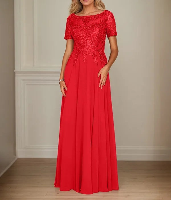 A Line Chiffon Boat Neck Short Sleeves Floor Length Mother of the Bride Dresses