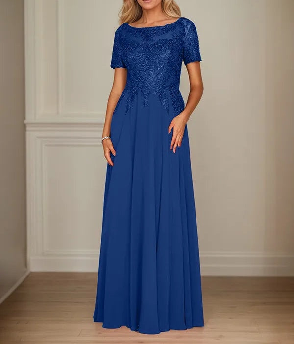 A Line Chiffon Boat Neck Short Sleeves Floor Length Mother of the Bride Dresses