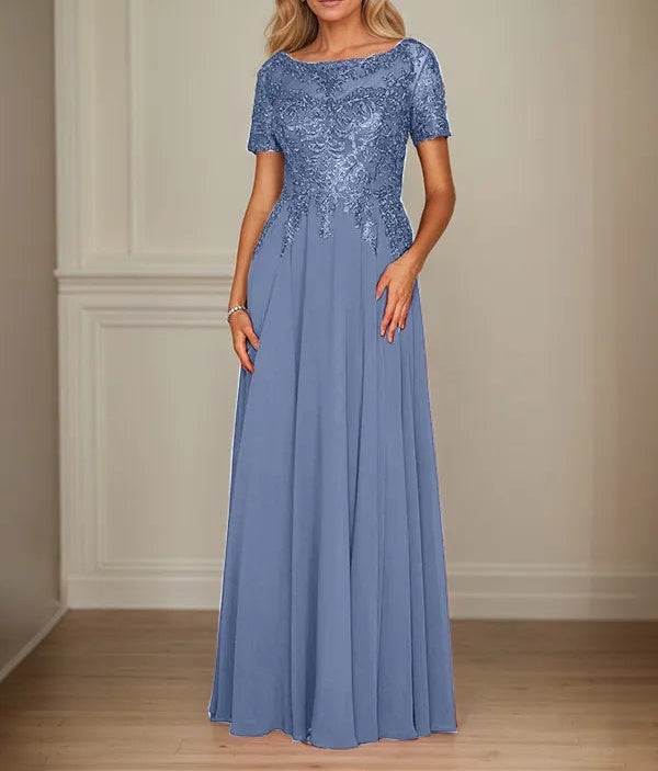 A Line Chiffon Boat Neck Short Sleeves Floor Length Mother of the Bride Dresses