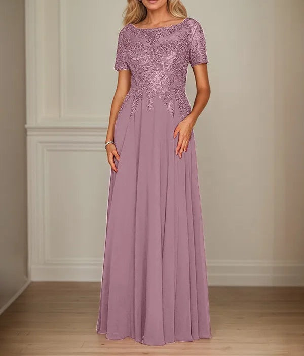 A Line Chiffon Boat Neck Short Sleeves Floor Length Mother of the Bride Dresses
