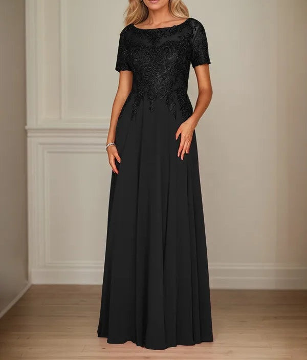 A Line Chiffon Boat Neck Short Sleeves Floor Length Mother of the Bride Dresses
