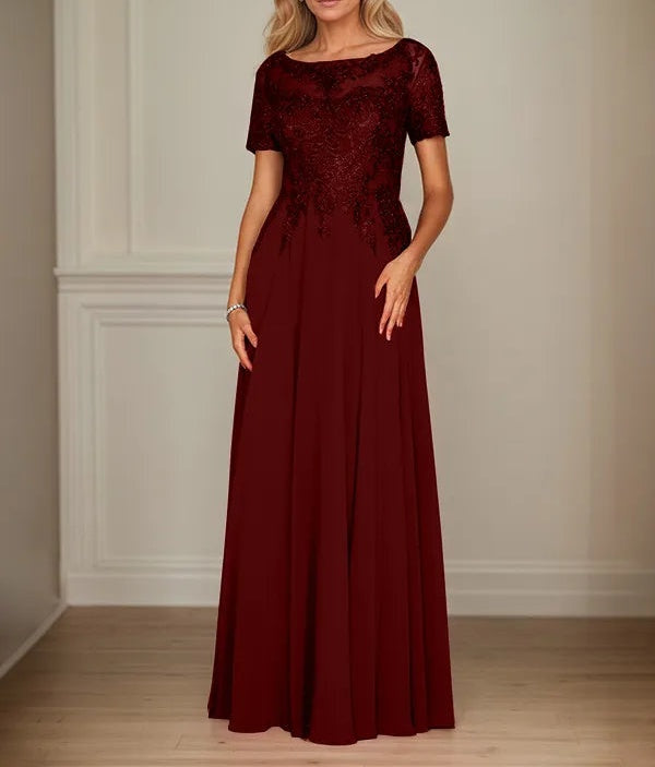 A Line Chiffon Boat Neck Short Sleeves Floor Length Mother of the Bride Dresses