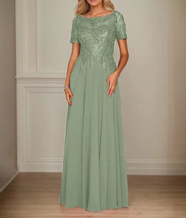 A Line Chiffon Boat Neck Short Sleeves Floor Length Mother of the Bride Dresses