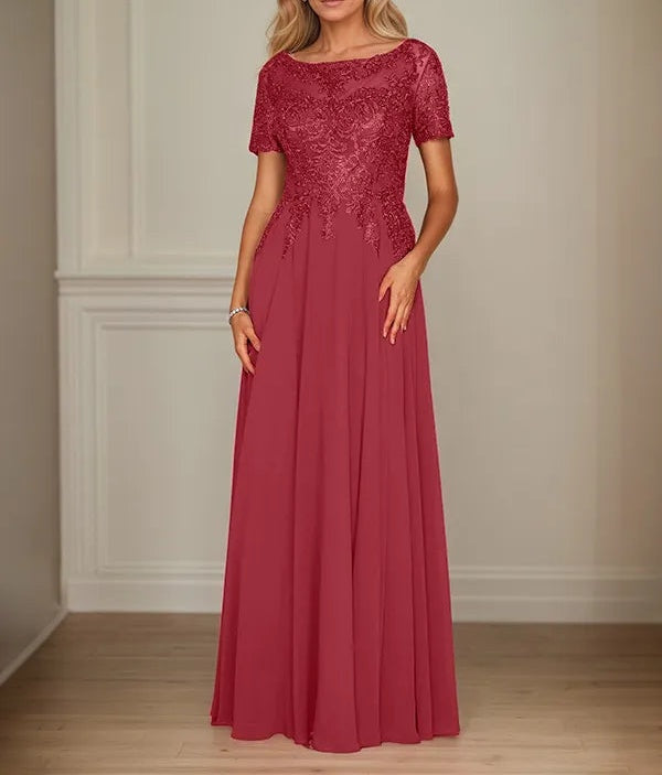 A Line Chiffon Boat Neck Short Sleeves Floor Length Mother of the Bride Dresses