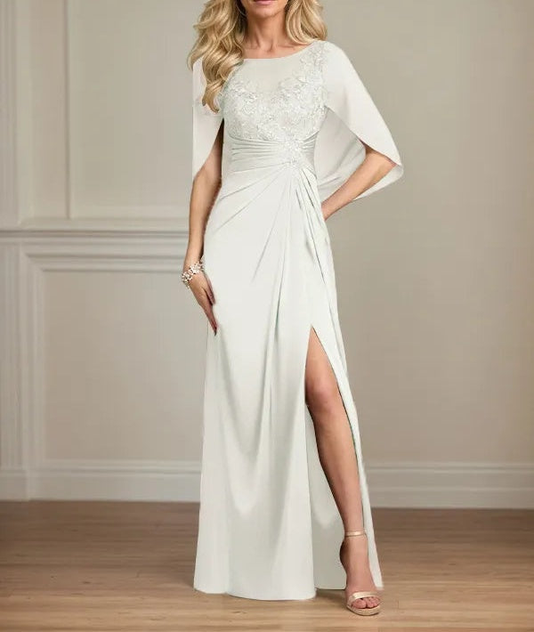 Sheath/Column Satin Scoop Neck Cap Sleeves Floor Length Mother Of The Bride Dresses