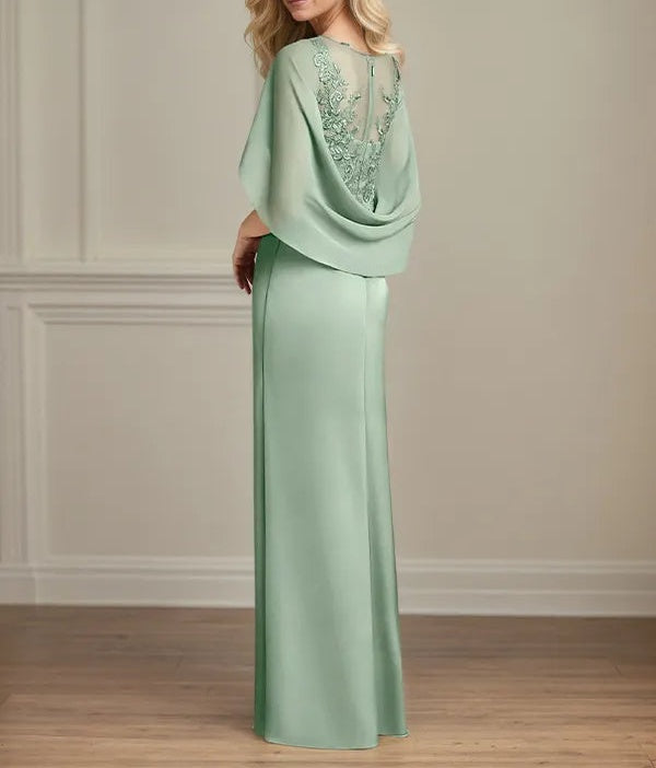Sheath/Column Satin Scoop Neck Cap Sleeves Floor Length Mother Of The Bride Dresses