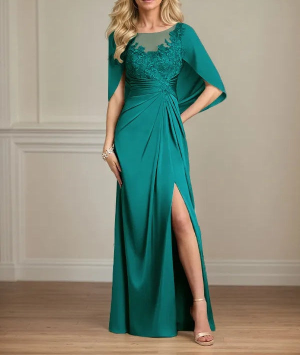 Sheath/Column Satin Scoop Neck Cap Sleeves Floor Length Mother Of The Bride Dresses