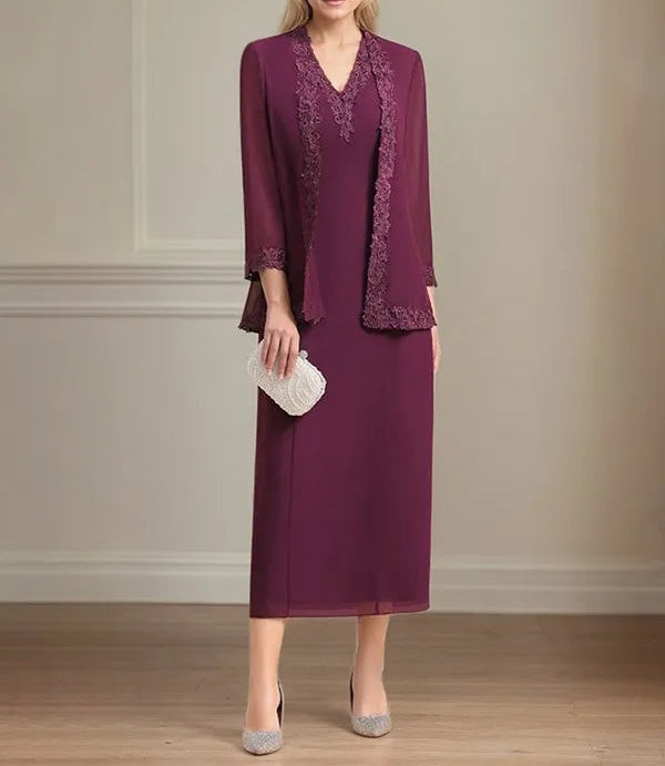 Sheath/Column Chiffon V Neck 3/4 Sleeves Tea Length Mother Of The Bride Dress