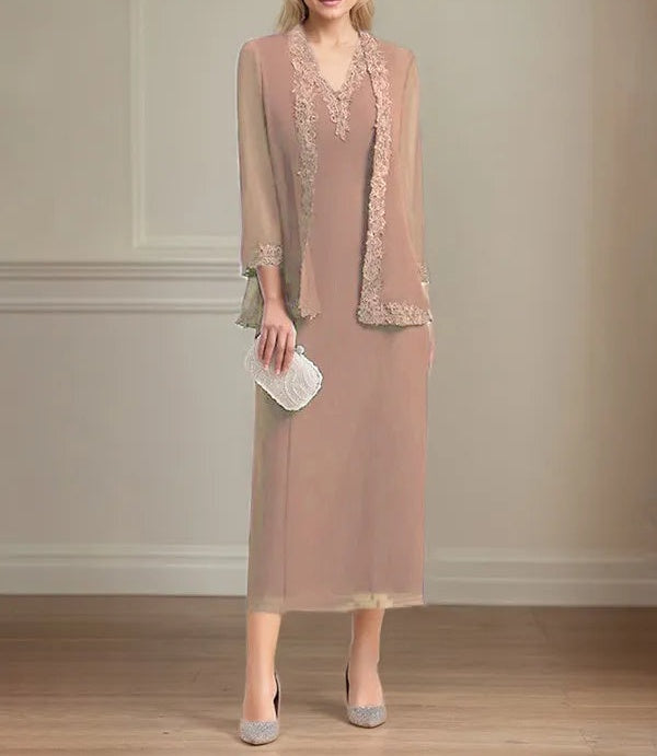 Sheath/Column Chiffon V Neck 3/4 Sleeves Tea Length Mother Of The Bride Dress