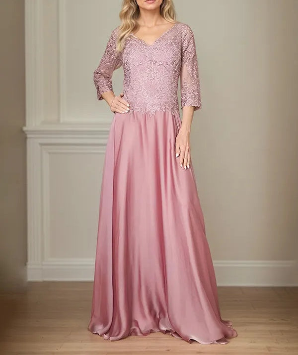 A Line Chiffon V Neck 3/4 Sleeves Floor-Length Mother Of The Bride Dress With Appliques