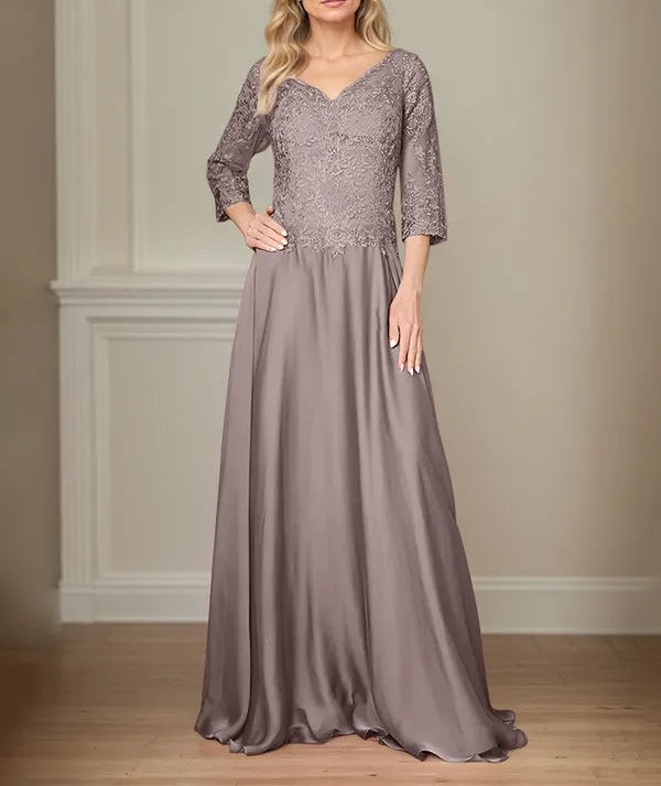 A Line Chiffon V Neck 3/4 Sleeves Floor-Length Mother Of The Bride Dress With Appliques