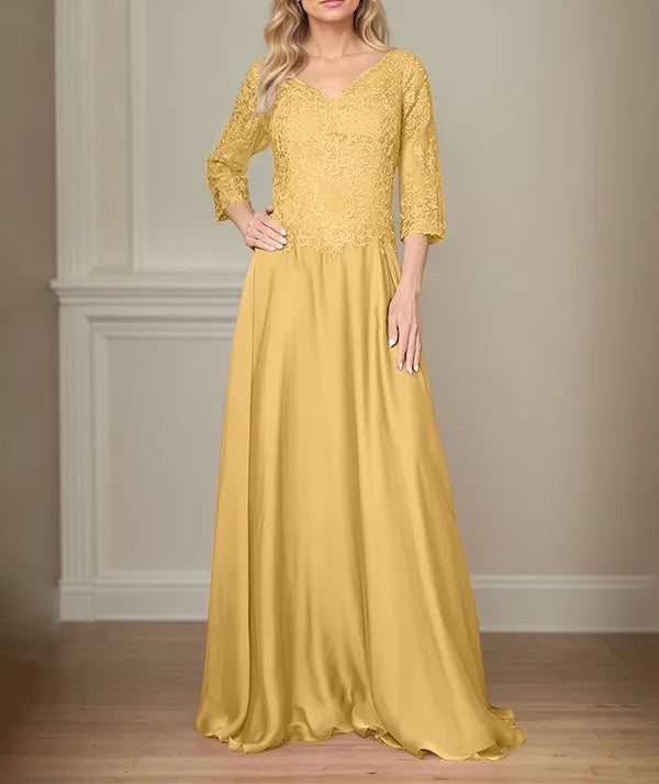 A Line Chiffon V Neck 3/4 Sleeves Floor-Length Mother Of The Bride Dress With Appliques