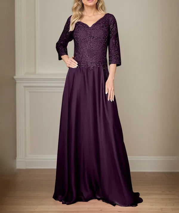 A Line Chiffon V Neck 3/4 Sleeves Floor-Length Mother Of The Bride Dress With Appliques