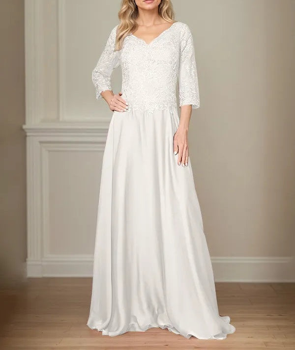 A Line Chiffon V Neck 3/4 Sleeves Floor-Length Mother Of The Bride Dress With Appliques