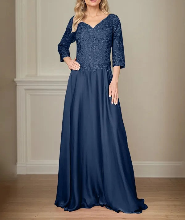 A Line Chiffon V Neck 3/4 Sleeves Floor-Length Mother Of The Bride Dress With Appliques