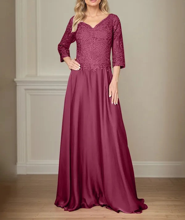 A Line Chiffon V Neck 3/4 Sleeves Floor-Length Mother Of The Bride Dress With Appliques
