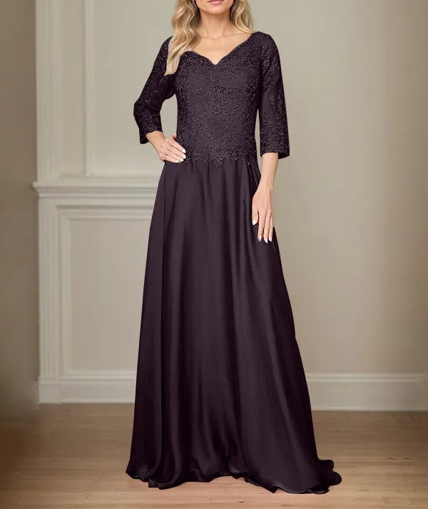 A Line Chiffon V Neck 3/4 Sleeves Floor-Length Mother Of The Bride Dress With Appliques